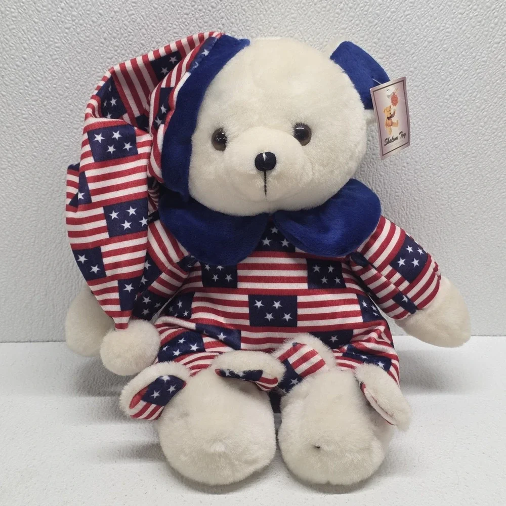 Vintage Shalom Patriotic Bear Pajamas Plush & Bunny Slippers Red White & Blue